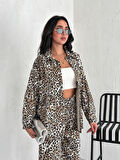 KADIN CAMEL LEOPAR GABARDİN KUMAŞ PANTOLON GÖMLEK 2'Lİ TAKIM 