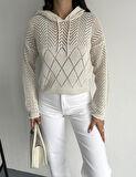 KADIN EKRU KAPÜŞONLU BAĞCIKLI BAKLAVA DESEN TRİKO BLUZ 
