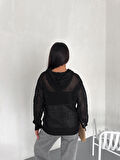 KADIN SİYAH KAPÜŞONLU BAĞCIKLI AJURLU TRİKO BLUZ