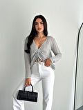 KADIN GRİ AJURLU İP DETAYLI MEVSİMLİK BLUZ
