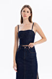 Yüksek Bel Cepli Yırtmaçlı Kadın Denim Etek