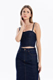 Yüksek Bel Cepli Yırtmaçlı Kadın Denim Etek