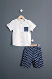 Erkek Çocuk Müslin Gömlek Şort 2'li Takım GG Tasarım Lacivert 2-3-4-5 Yaş Seçenekli