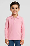Çocuk Unisex Uzun Kollu Polo Yaka Tshirt Pembe Okul 6-9 Yaş