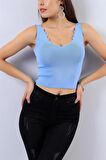 Kadın Merdiven Yaka Crop Triko Bluz