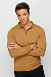 Erkek Basic Polo Yaka İnce Triko Kazak Camel
