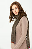 Kadın Kenarı Tığlamalı Püsküllü Yün Kaşkol M.Kahve