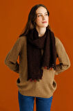 Kadın Kenarı Tığlamalı Püsküllü Yün Kaşkol K.Kahve