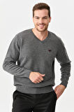Erkek V Yaka Klasik Yün Kazak O.Füme