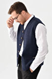Erkek V Yaka Keçe Aksesuarlı Pike Dokuma Yün Yelek K.Lacivert