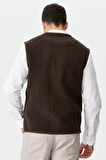 Erkek V Yaka Keçe Aksesuarlı Pike Dokuma Yün Yelek K.Kahve