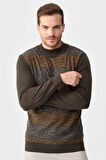 Erkek Yarım Balıkçı Yaka Önü Desenli Kazak D.Kahve