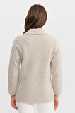 Kadın Polo Yaka Cebi Fermuarlı Yün Hırka V.Bej