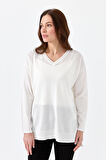 Kadın V Yaka İnce Bluz Ekru
