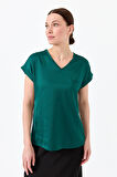 Kadın V Yaka Önü Saten Bluz Yeşil