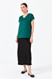 Kadın V Yaka Önü Saten Bluz Yeşil