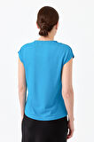 Kadın Sıfır Yaka Düşük Kol Simli Penye T-shirt Turkuaz
