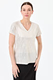 Kadın V Yaka Cepli Penye T-shirt Ekru