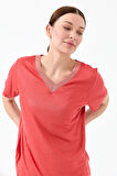 Kadın V Yaka Çizgili Penye T-shirt Mercan