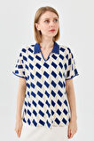 Kadın Polo Yaka Kare Desenli T-shirt Lacivert