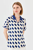 Kadın Polo Yaka Kare Desenli T-shirt Lacivert