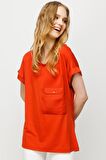 Kadın Sıfır Yaka Cebi Saten Penye T-shirt Oranj