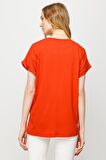 Kadın Sıfır Yaka Cebi Saten Penye T-shirt Oranj