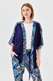 Kadın Karışık Desenli Yarasa Kol Penye Ceket Lacivert