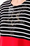 Kadın Sıfır Yaka Çizgi Önü Taşlı Penye T-shirt Siyah