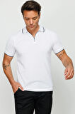 Erkek Fermuarlı Polo Yaka T-shirt Beyaz