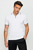 Erkek Fermuarlı Polo Yaka T-shirt Beyaz