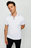 Erkek Fermuarlı Polo Yaka T-shirt Beyaz