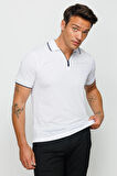 Erkek Fermuarlı Polo Yaka T-shirt Beyaz
