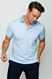 Erkek Polo Yaka Keten Baskılı T-shirt Turkuaz