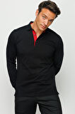 Erkek Polo Yaka Uzun Kollu Sweatshirt Siyah