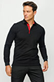 Erkek Polo Yaka Uzun Kollu Sweatshirt Siyah