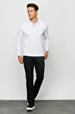 Erkek Polo Yaka Uzun Kollu Sweatshirt Beyaz