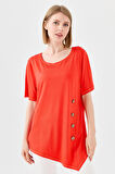 Kadın Sıfır Yaka Önü Ahşap Düğmeli Penye T-shirt Oranj