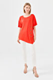Kadın Sıfır Yaka Önü Ahşap Düğmeli Penye T-shirt Oranj