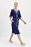 Kadın Karışık Desenli Önü Düğmeli Penye Elbise Lacivert