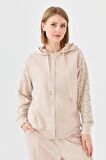 Kadın Triko Taş Baskılı Kapüşonlu Yazlık Sweatshirt Bej