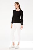 Kadın Sıfır Yaka Uzun Kol Basic Pamuklu Bluz Siyah