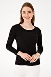 Kadın Sıfır Yaka Uzun Kol Basic Pamuklu Bluz Siyah