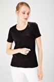 Kadın Sıfır Yaka Kısa Kol Pamuk Kaşkorse T-shirt Siyah