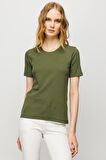 Kadın Sıfır Yaka Kısa Kol Pamuk Kaşkorse T-shirt Haki