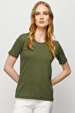 Kadın Sıfır Yaka Kısa Kol Pamuk Kaşkorse T-shirt Haki
