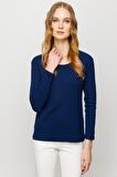 Kadın Sıfır Yaka Uzun Kol Basic Pamuklu Bluz Lacivert