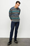 Erkek Polo Yaka Renkli Çizgili Kalın Yün Kazak Füme