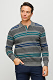 Erkek Polo Yaka Renkli Çizgili Kalın Yün Kazak Füme