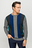 Erkek Sıfır Yaka Önü Renkli Yürütmeli Yün Kazak Füme